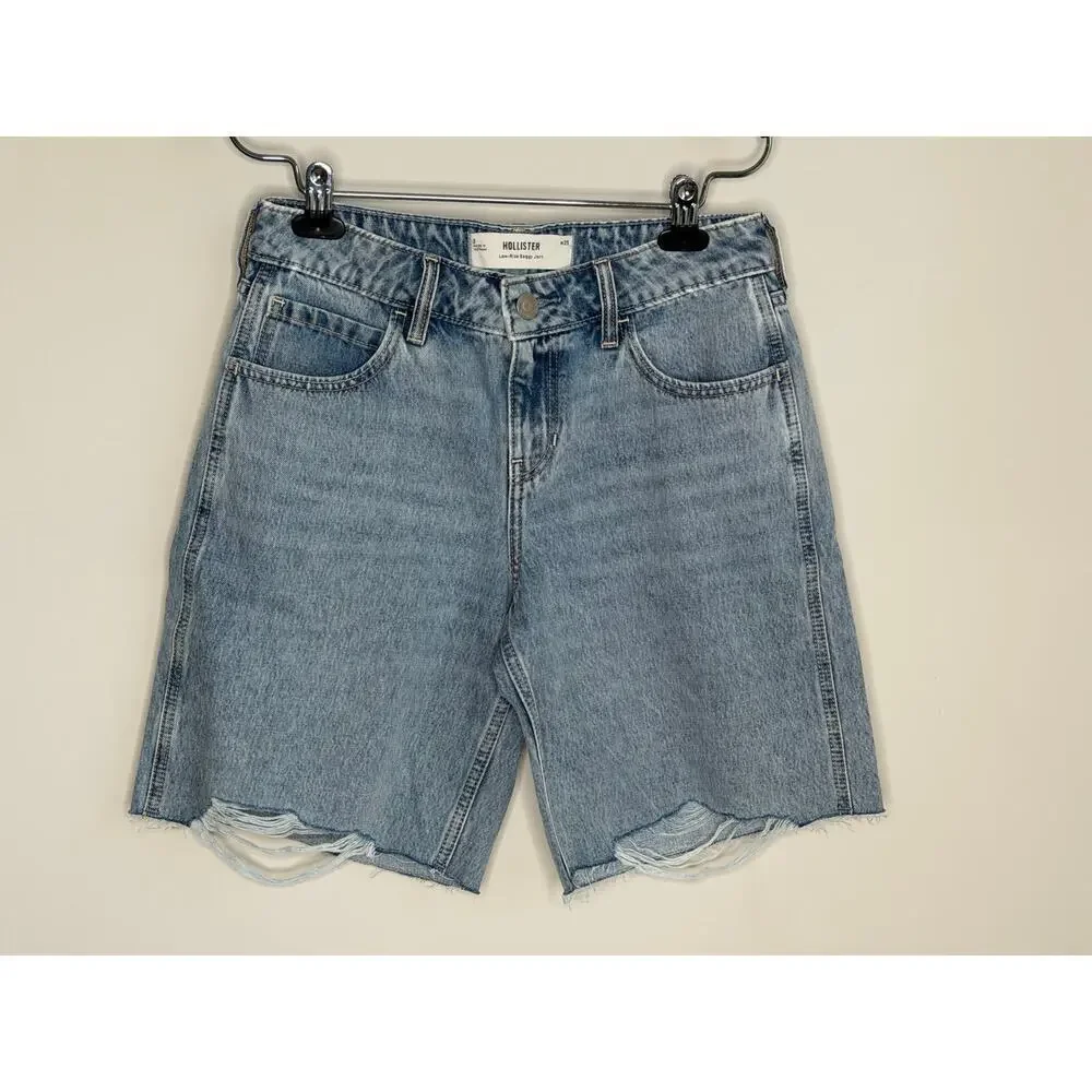 Hollister Low Rise Denim Fray Baggy Jort Short Medium Wash Women's Size W25 NWT